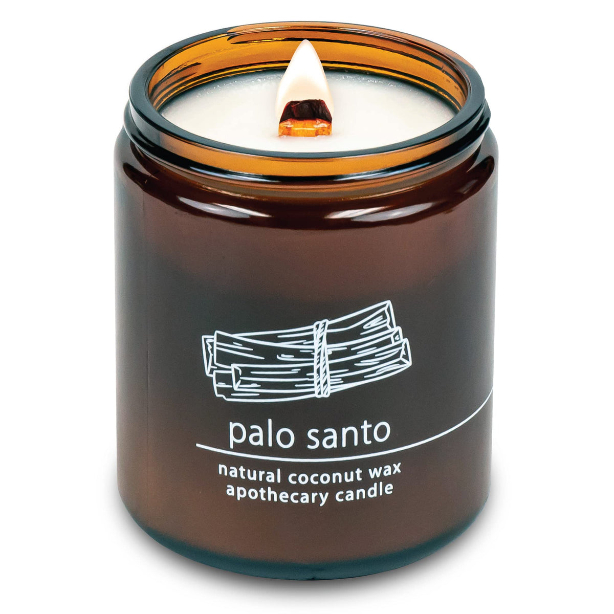 Front view of Hemlock Park crackling wood wick candle 8 oz Palo Santo