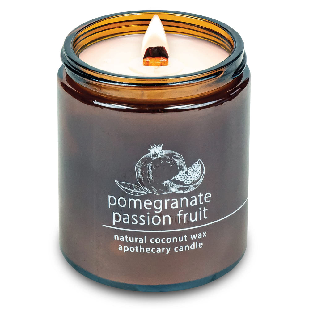 Hemlock Park crackling wooden wick candle in 8 oz coconut wax with Pomegranate Passion Fruit