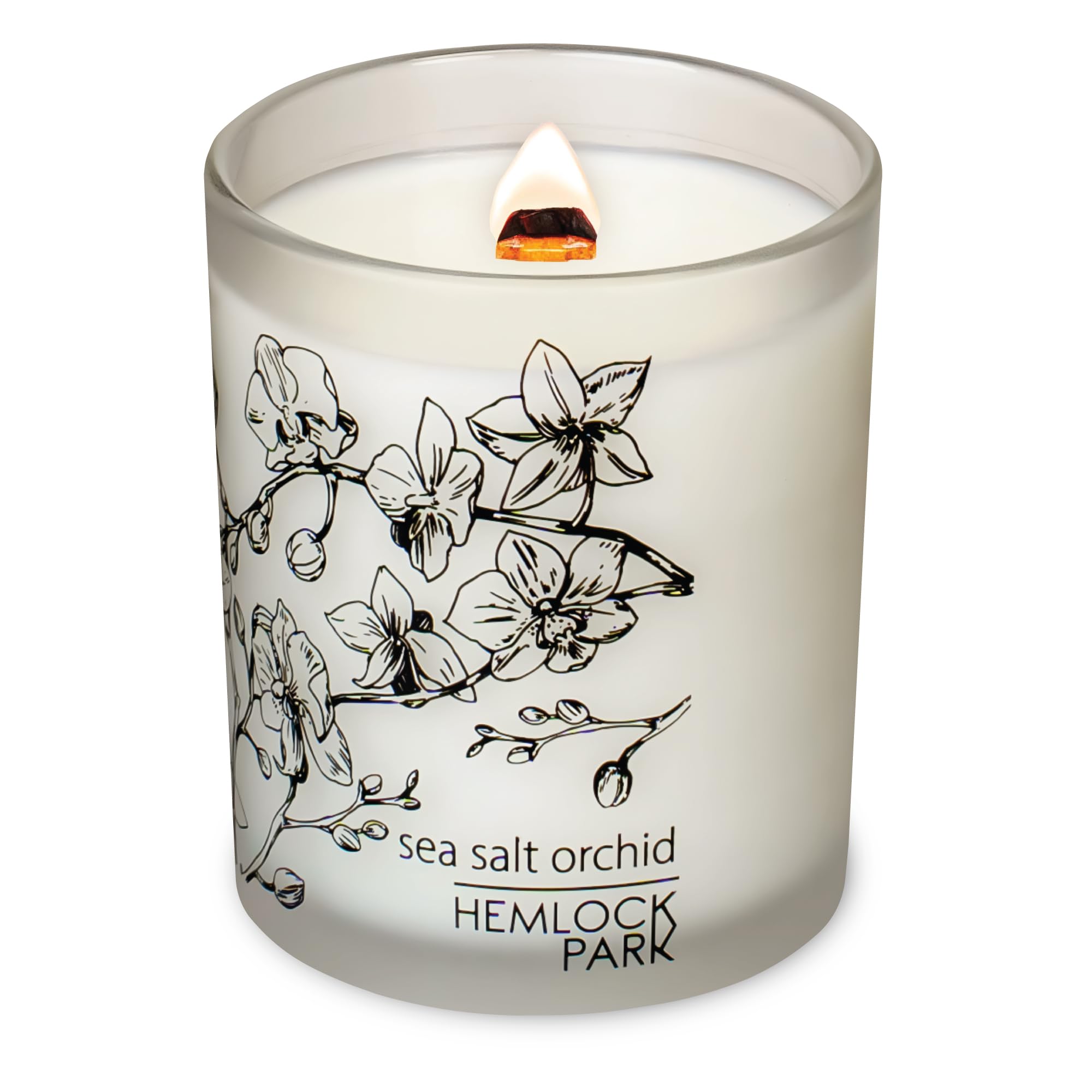 Wood wick burning in frosted jar candle