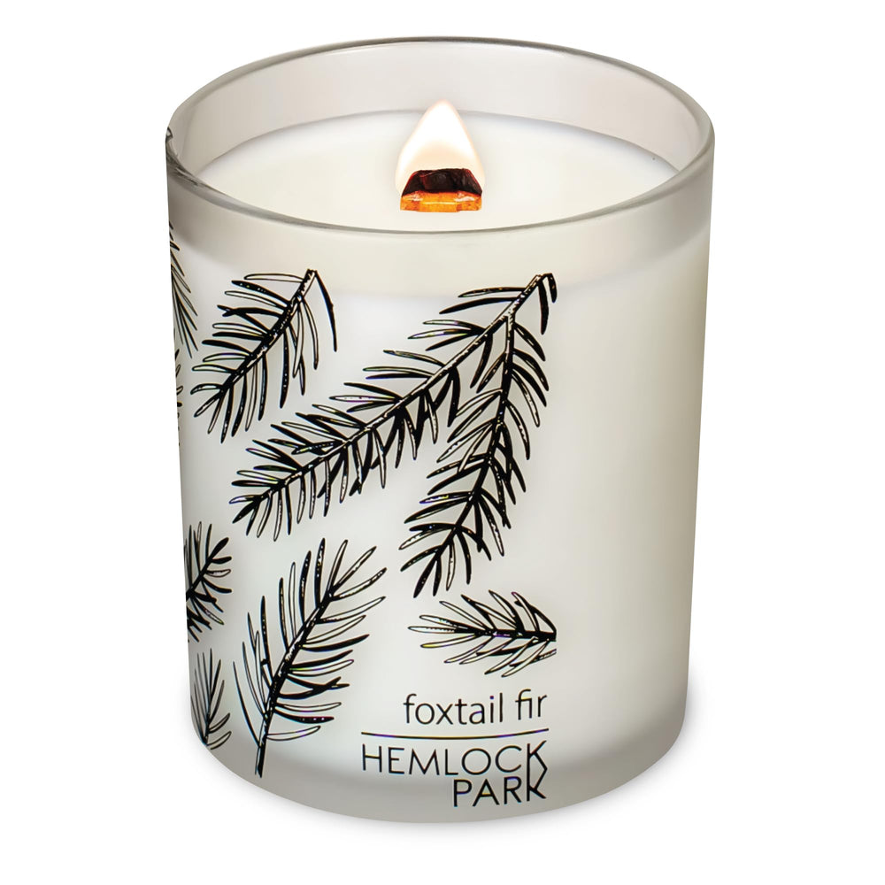 Close-up of Hemlock Park Frosted Jar Wood Wick Candle with Foxtail Fir scent