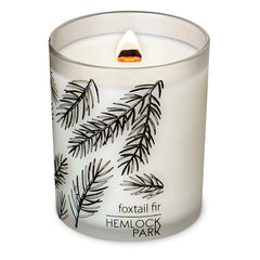 Close-up of Hemlock Park Frosted Jar Wood Wick Candle with Foxtail Fir scent