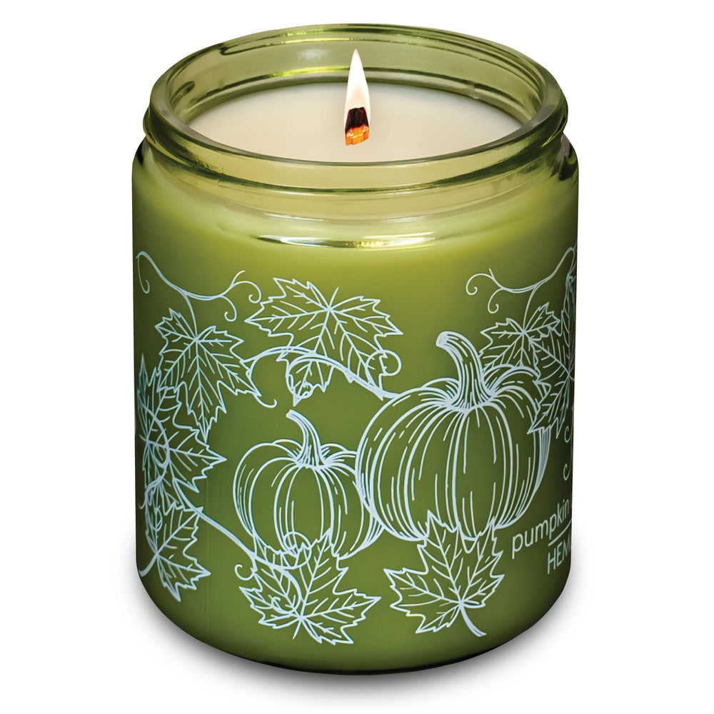 Hemlock Park green glass wood wick candle – 8 oz Pumpkin Crème fragrance