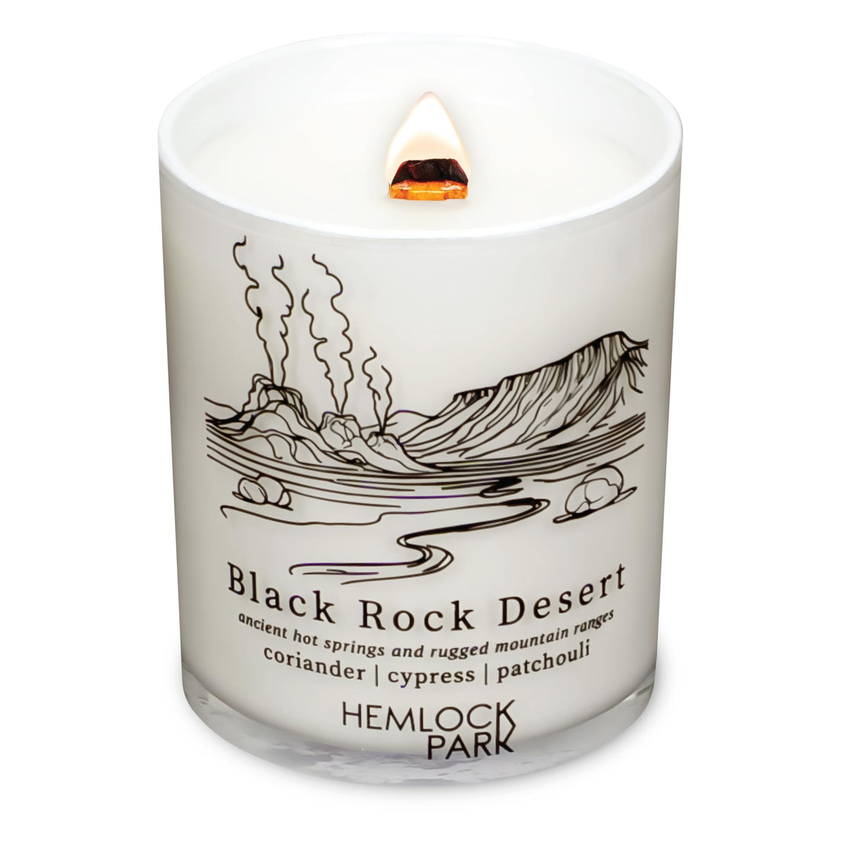 Hemlock Park Passport Candle in a white jar with black cap, coconut wax, 7.2 oz