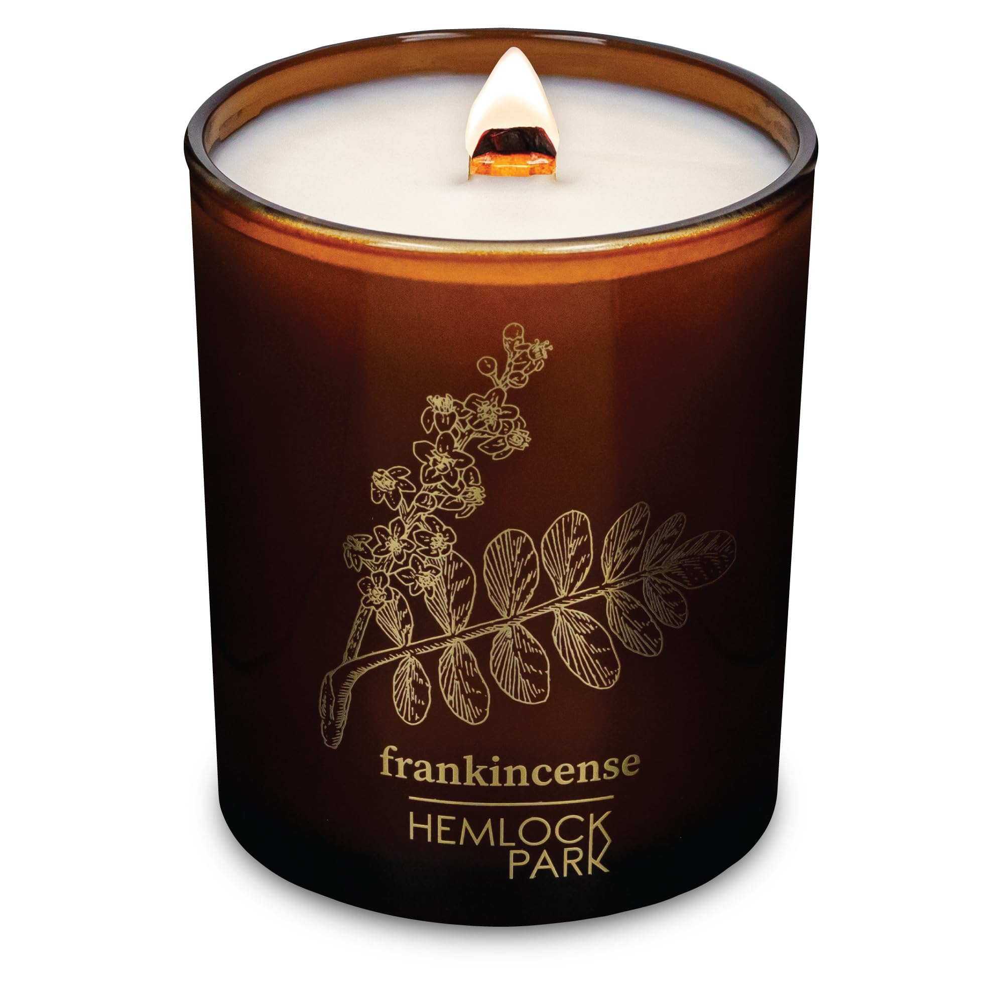 Hemlock Park Wood Wick Candle in a 7.2 oz jar with natural coconut wax and Frankincense fragrance.