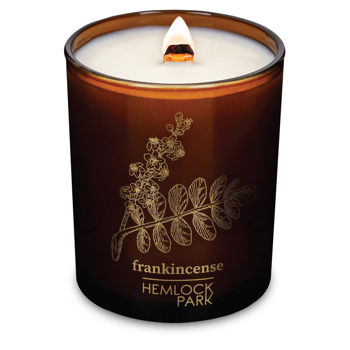 Hemlock Park Wood Wick Candle in a 7.2 oz jar with natural coconut wax and Frankincense fragrance.