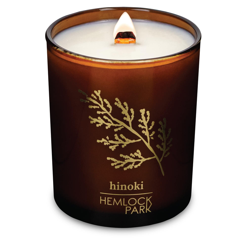 Hemlock Park Amber & Gold Wood Wick Candle with natural coconut wax, Hinoki scent, 7.2 oz