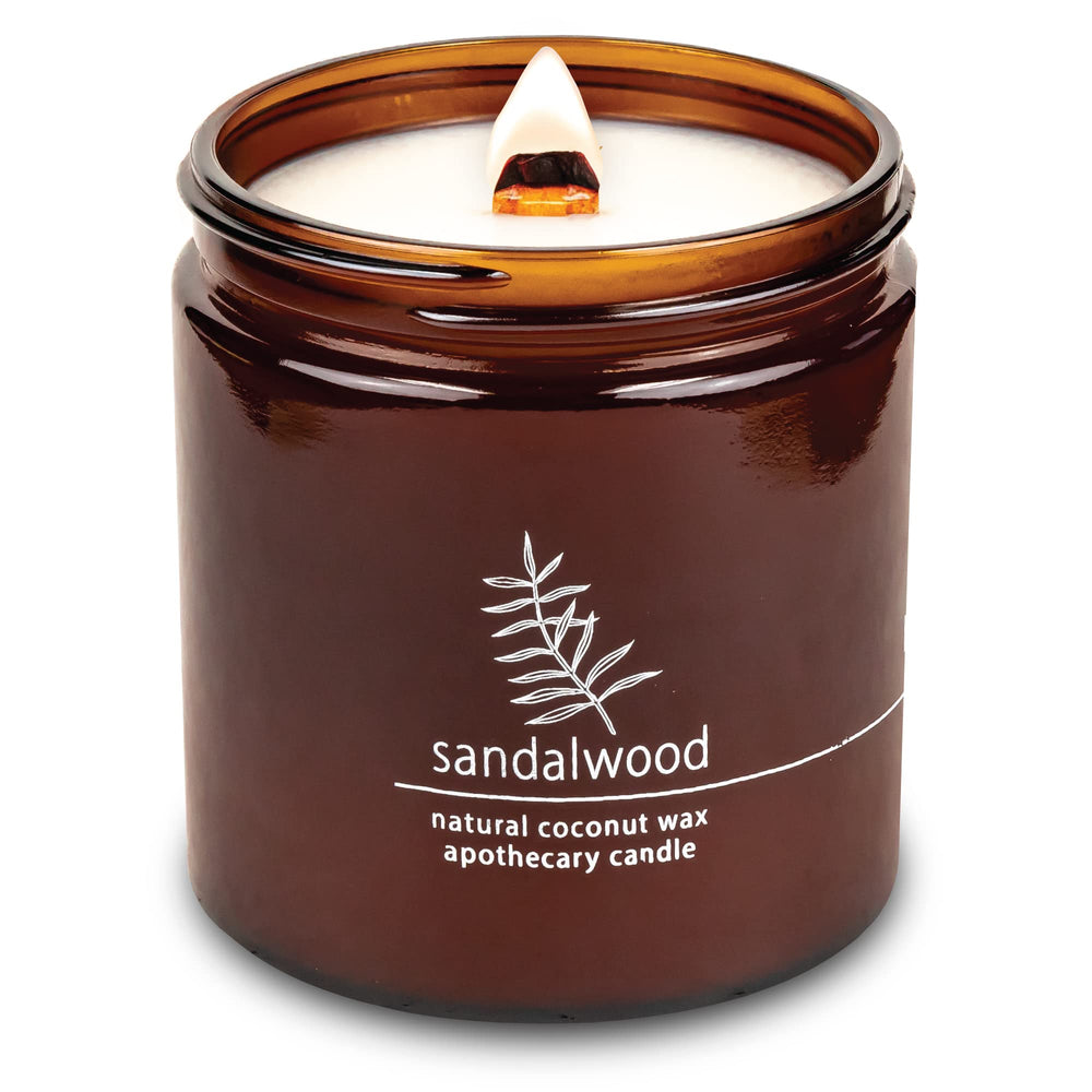 Hemlock Park crackling wood wick candle in sandalwood, front view, 16 oz
