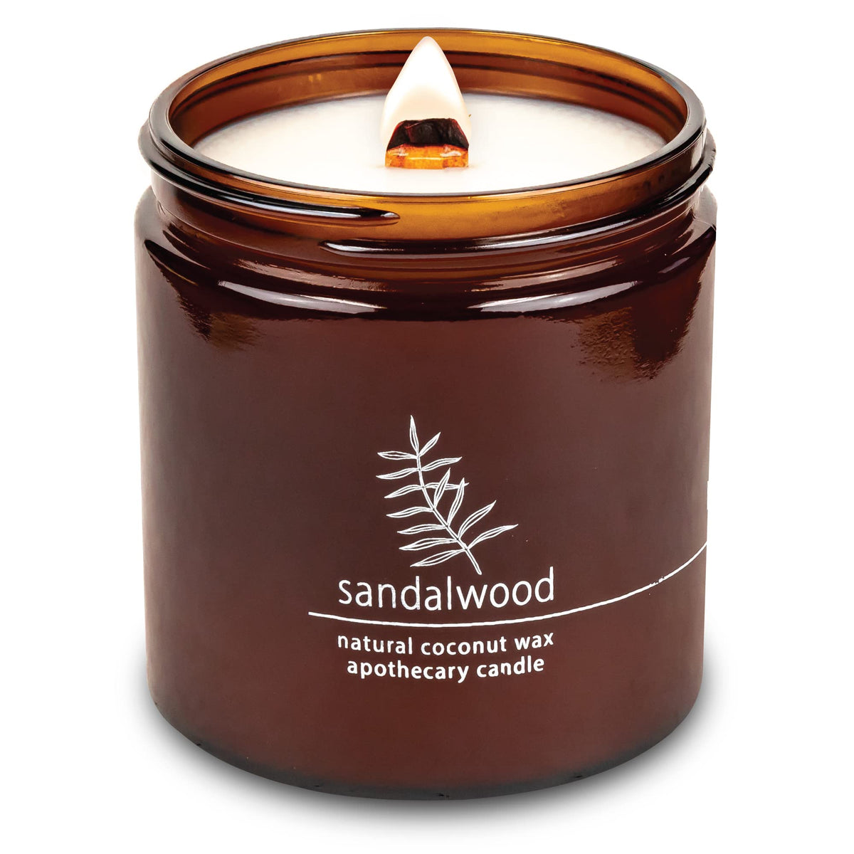 Hemlock Park crackling wood wick candle in sandalwood, front view, 16 oz