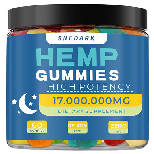 Front view of Hemp Gummies Advanced Extra Strength bottle and gummies