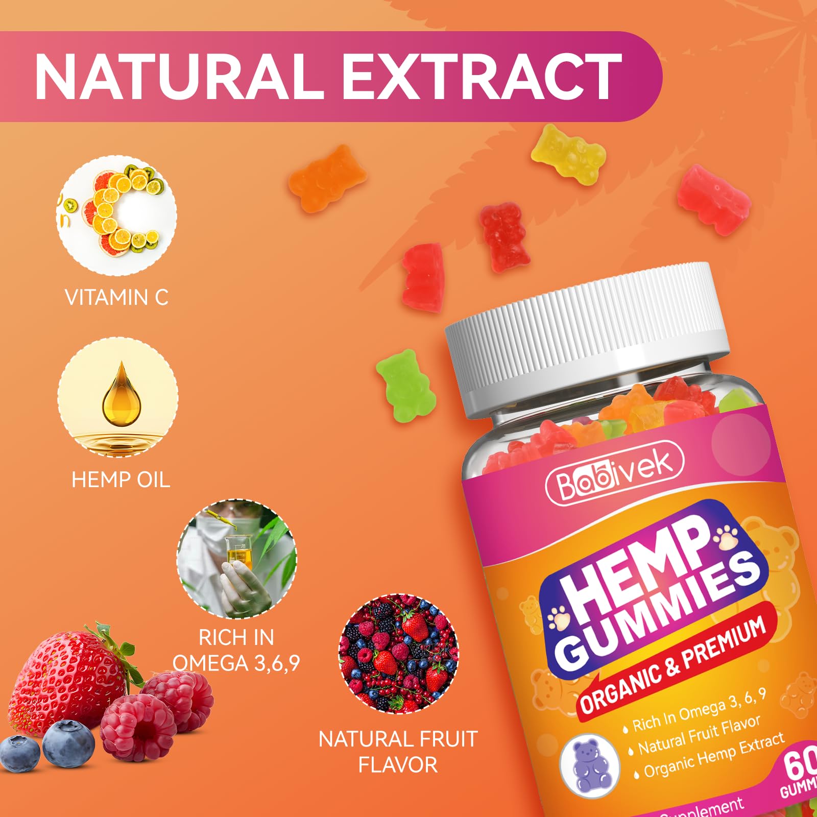 Hemp oil gummies with vegan organic ingredients and non-GMO labeling