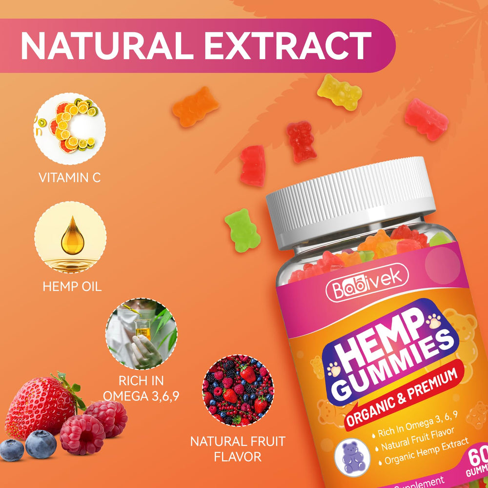 Hemp oil gummies with vegan organic ingredients and non-GMO labeling