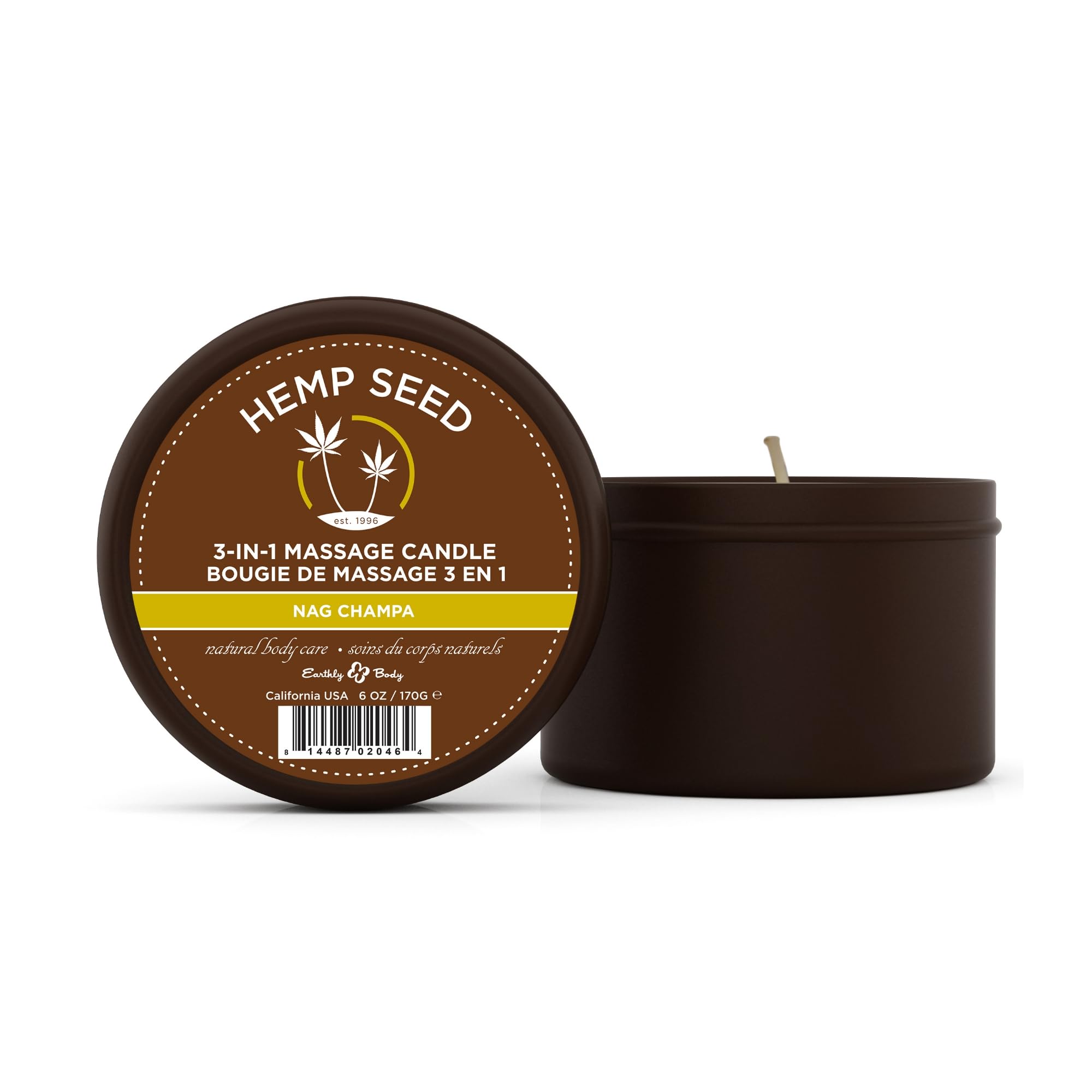 Front view of Hemp Seed 3-in-1 Massage Candle with Nag Champa scent, 6 oz