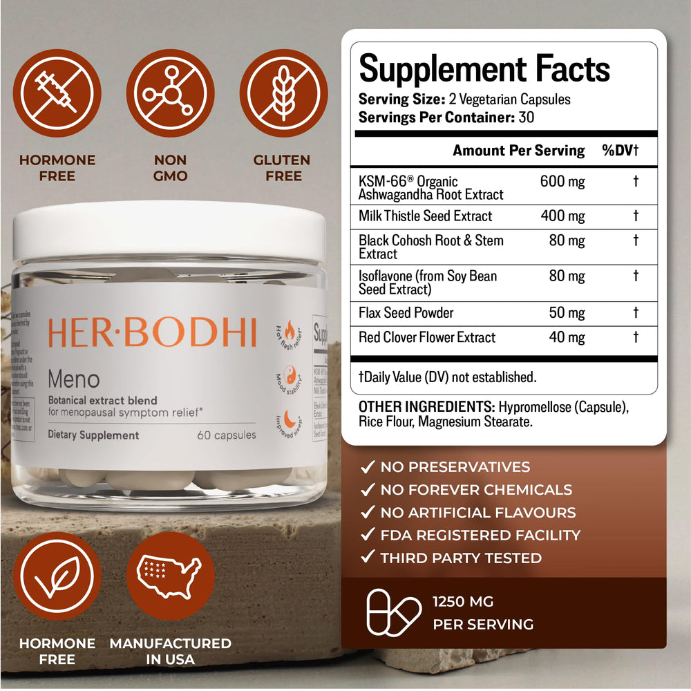 Her Bodhi MENO holy basil focus suggesting stress relief during menopause