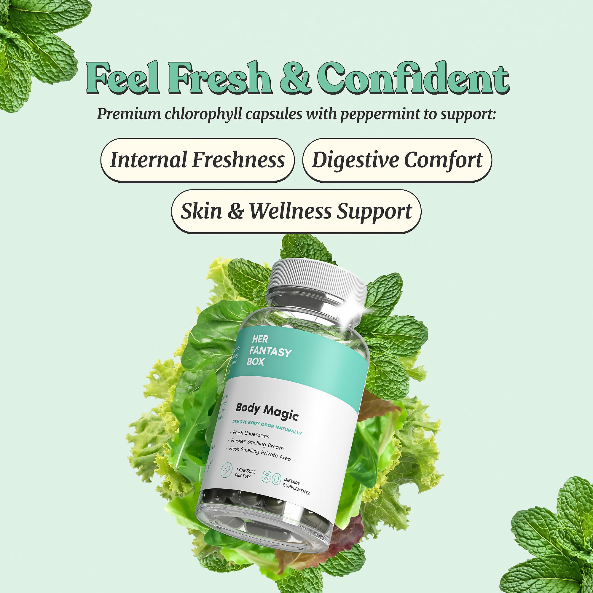 Close-up of Body Magic Chlorophyll Capsules in bottle