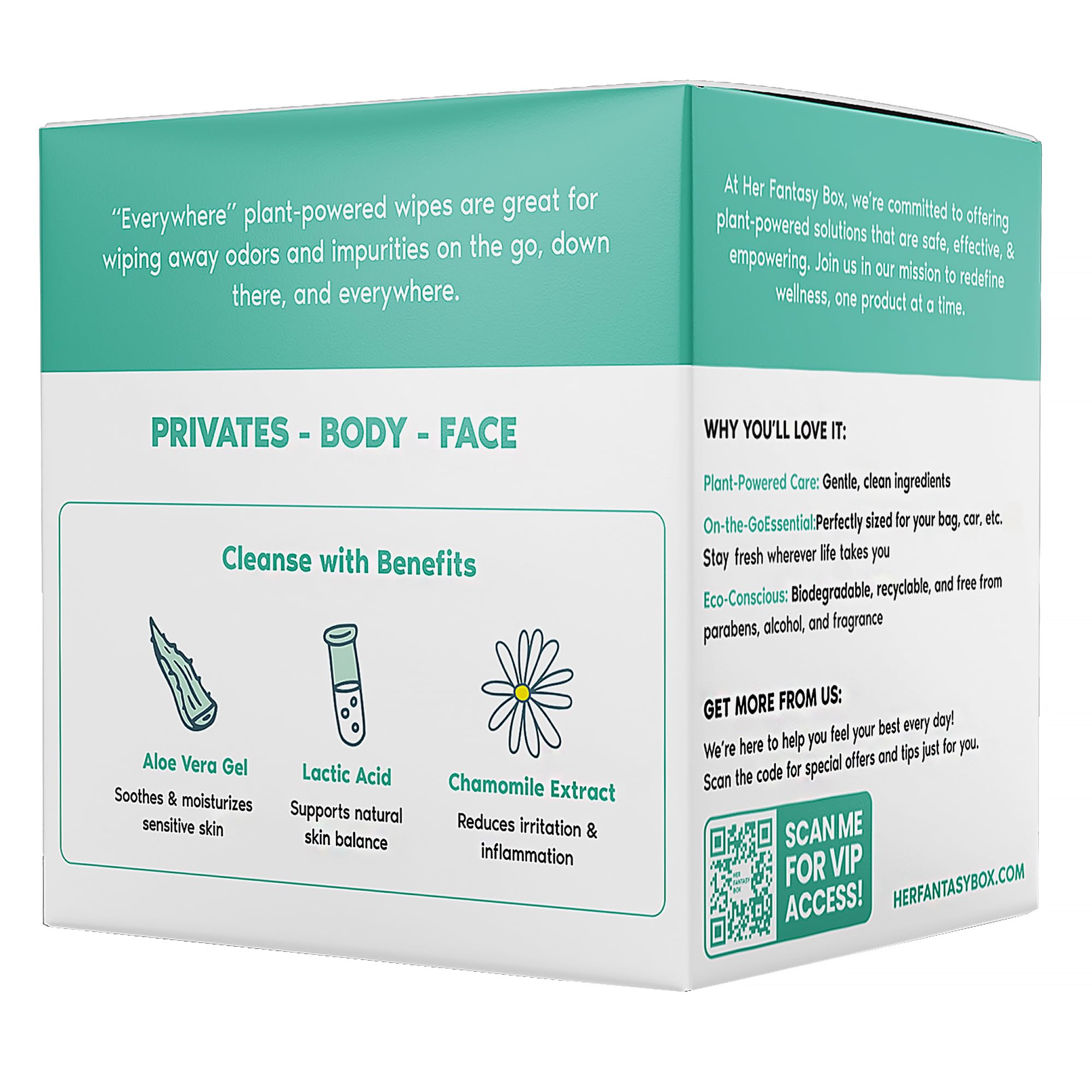 Her Fantasy Box Everywhere Wipes body-use shown during gym or travel for quick cleanse.