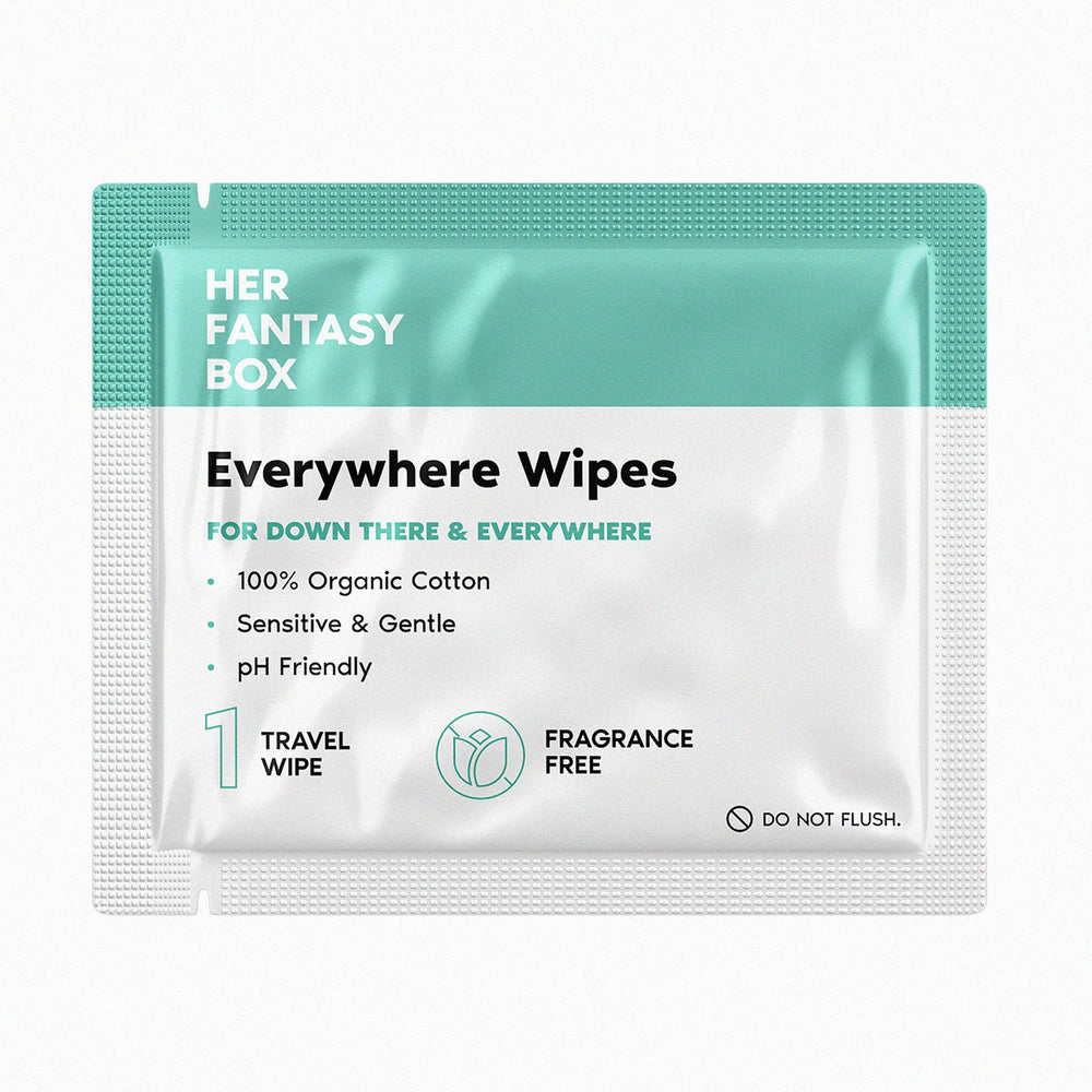 Her Fantasy Box Everywhere Wipes eco-packaging emphasizes biodegradable materials and recyclability.