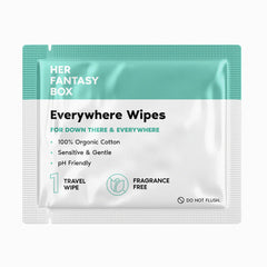 Her Fantasy Box Everywhere Wipes eco-packaging emphasizes biodegradable materials and recyclability.