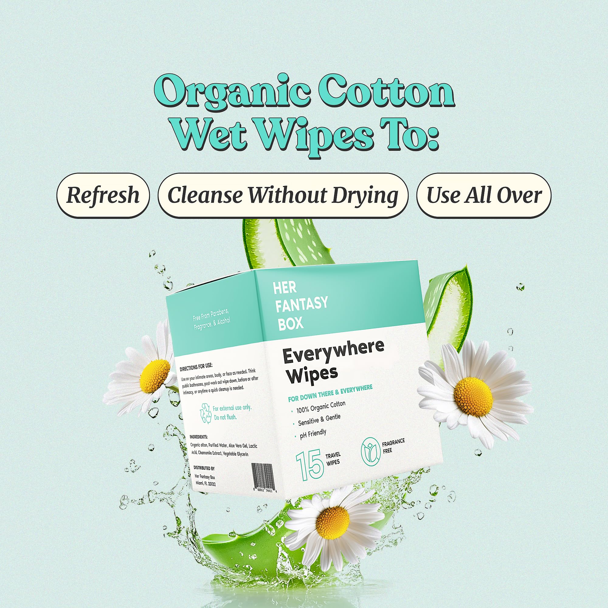 Her Fantasy Box Everywhere Wipes ingredients panel highlights Aloe Vera and Chamomile for gentle care.