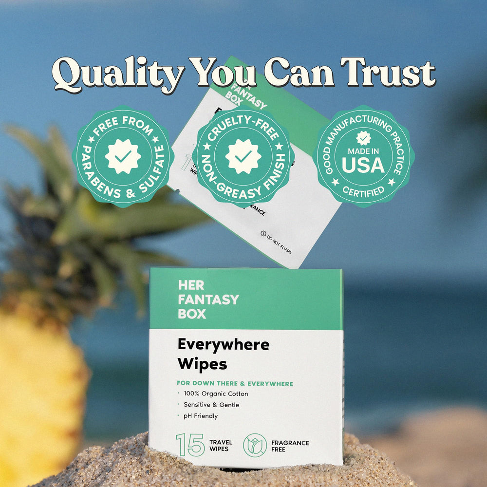 Her Fantasy Box Everywhere Wipes intimate-care scene highlighting safe fragrance-free wipe for sensitive areas.