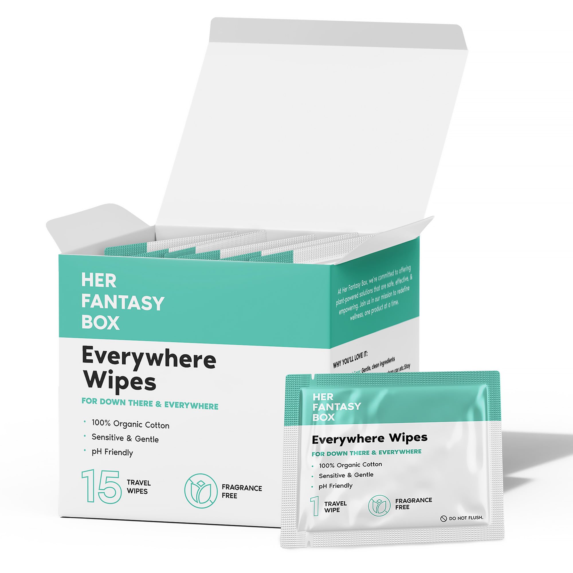 Her Fantasy Box Everywhere Wipes pack front shows compact, travel-ready design for on-the-go refresh.