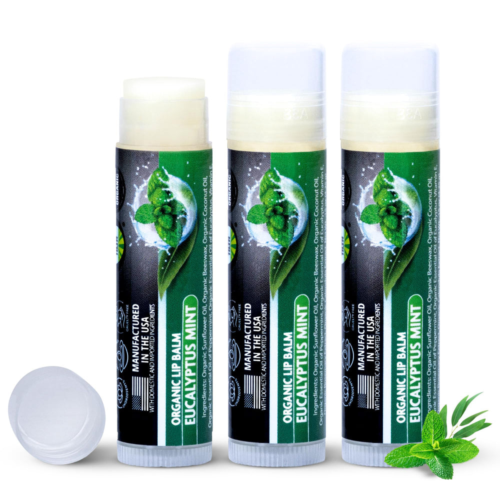 HerbElixir Organic Eucalyptus Mint Lip Balm pack highlighting hydrating lip care.