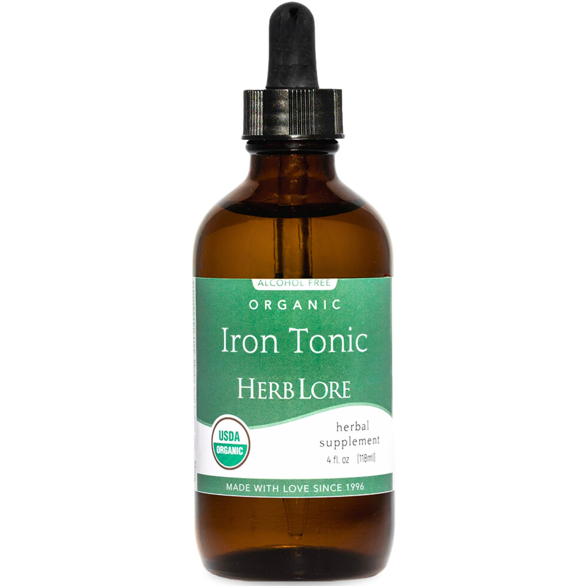 Herb Lore Organic Liquid Iron Tonic bottle 4 oz on white background