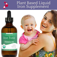 Herb Lore Iron Tonic bottle showing USDA Organic and vegan labels