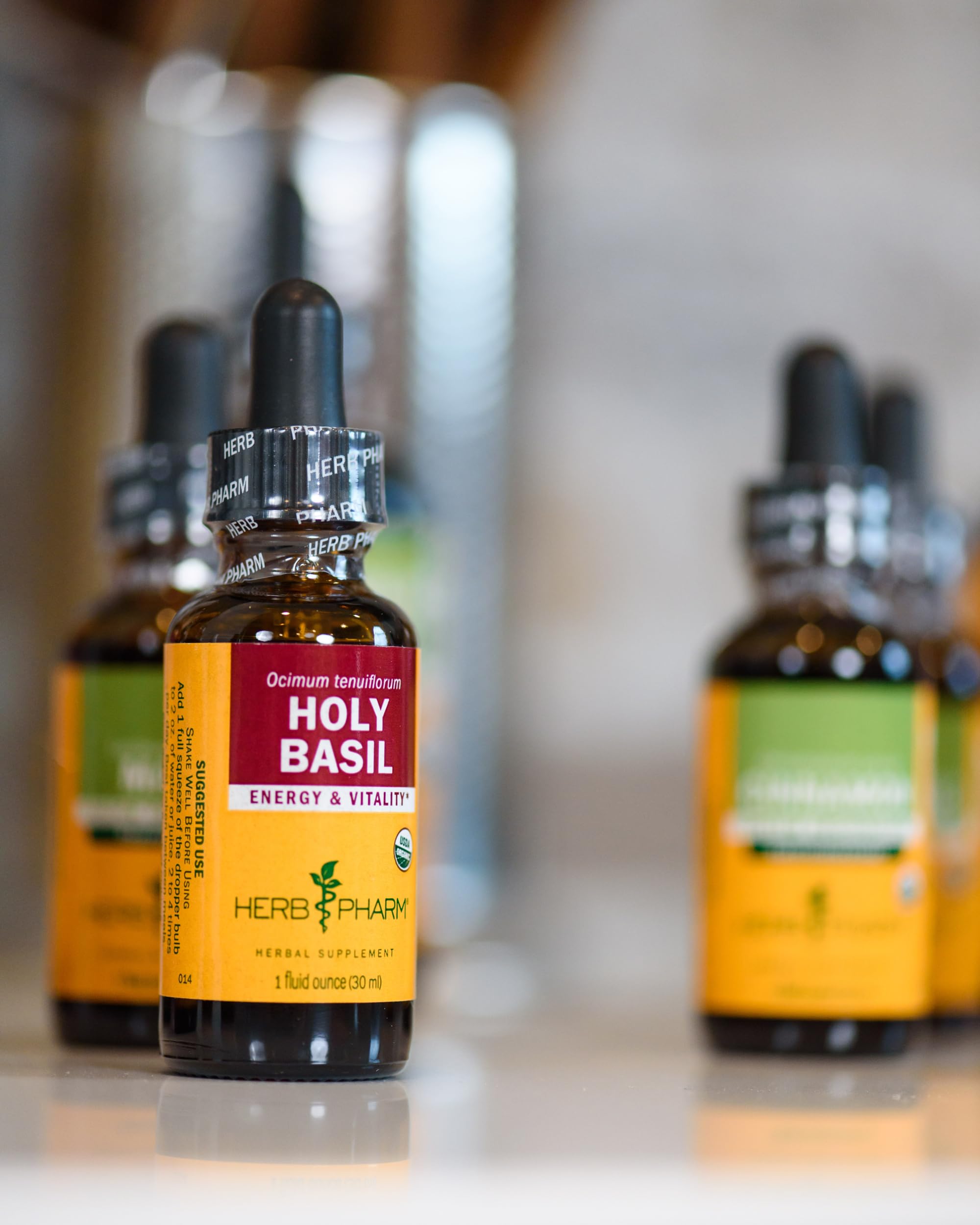 Herb Pharm Holy Basil extract amber bottle close-up for premium quality.