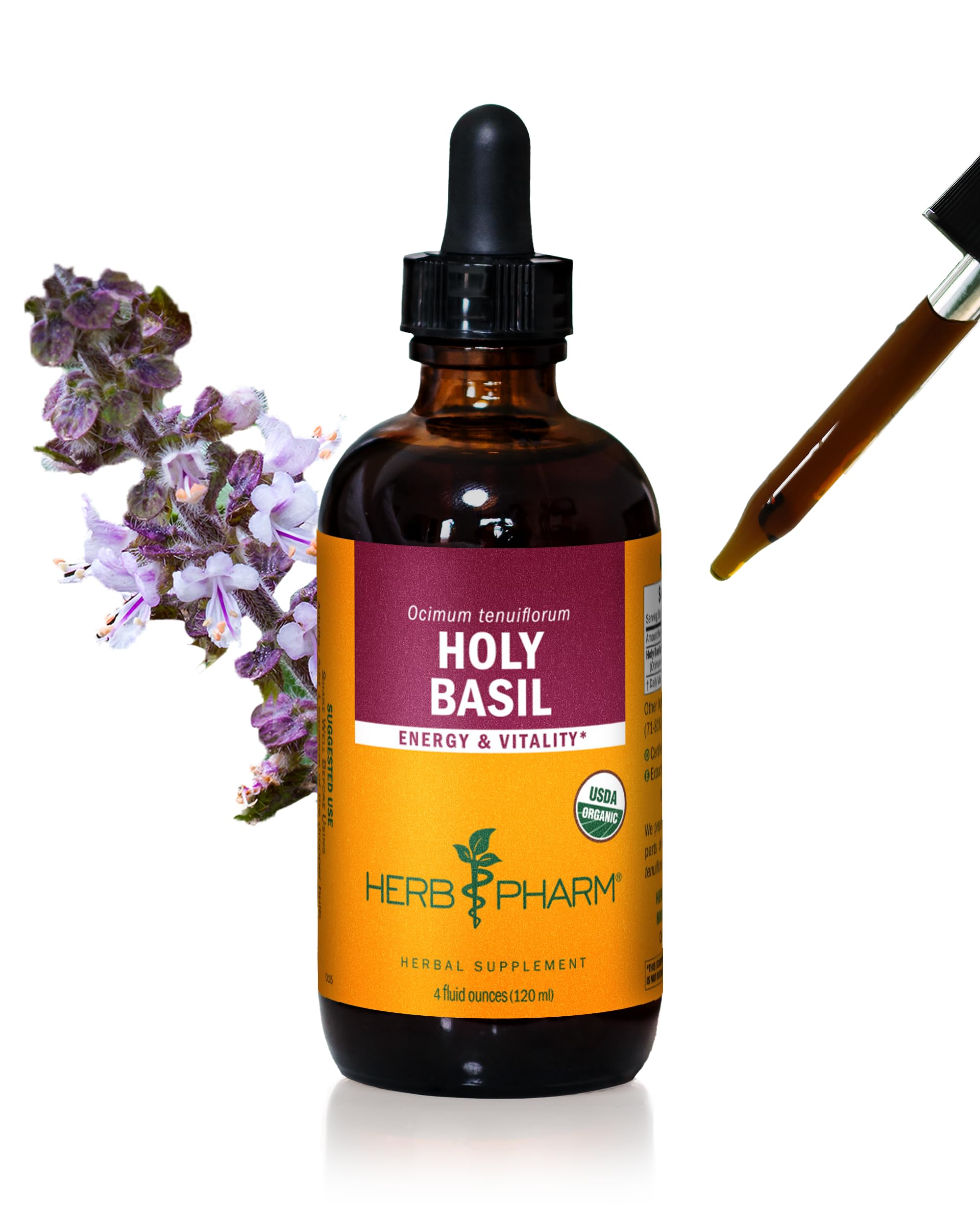 Herb Pharm Holy Basil extract bottle highlighting energy support.