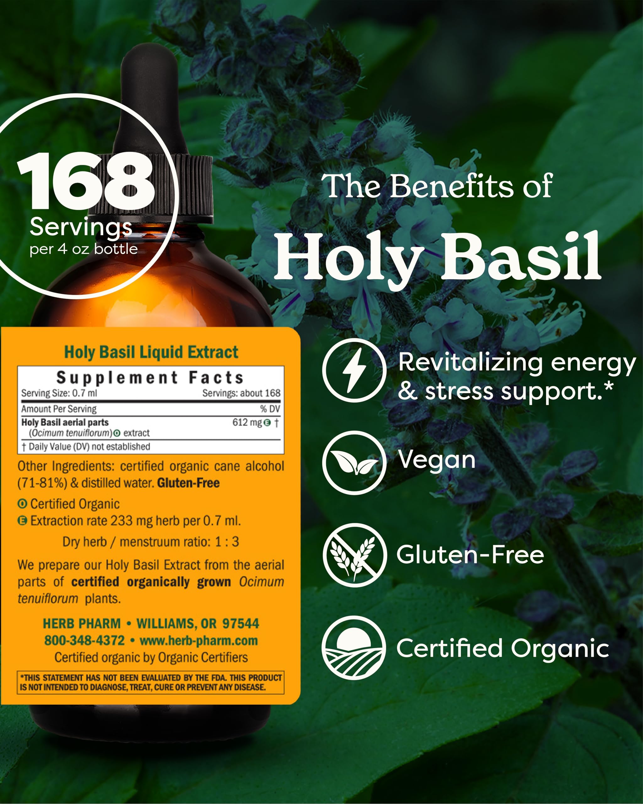 Herb Pharm Holy Basil extract dropper enables quick, precise dosing.