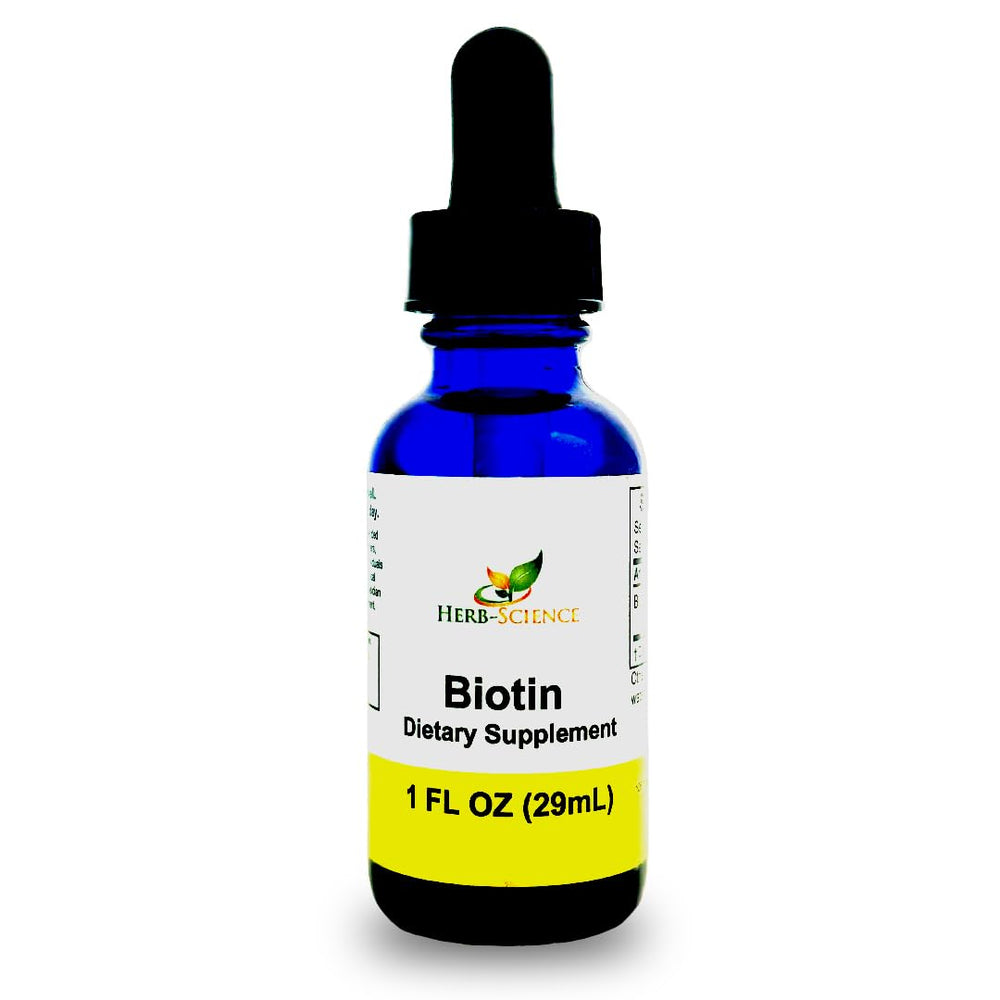 Blue cobalt glass bottle of Herb-Science Liquid Biotin 1 oz