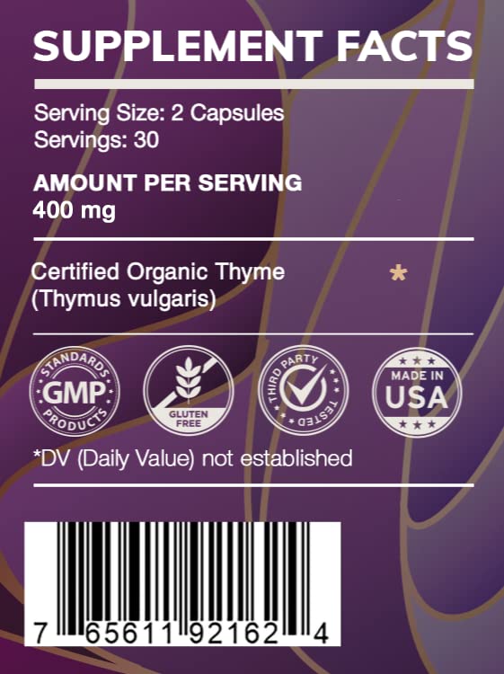 Back/label showing ingredients and Thyme (Thymus vulgaris) dried leaf