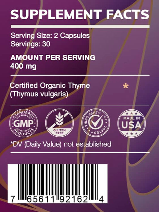 Back/label showing ingredients and Thyme (Thymus vulgaris) dried leaf
