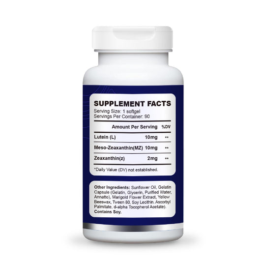 Close-up of Lutein, Meso-Zeaxanthin, and Zeaxanthin softgels