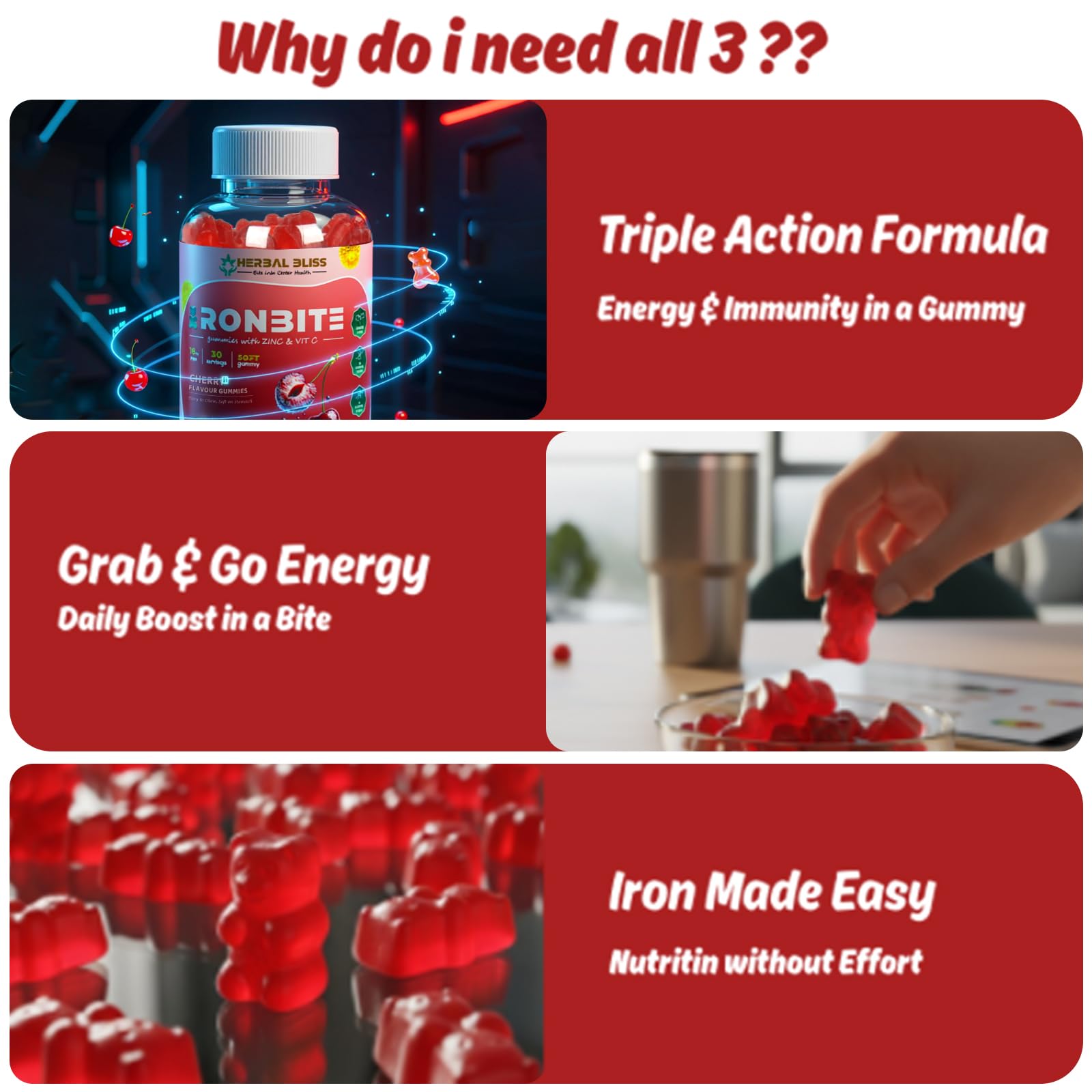 Herbal Bliss iron gummies bottle with cherry flavor on white background