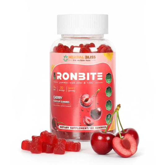 Close-up of Herbal Bliss Iron Gummies cherry flavor bottle