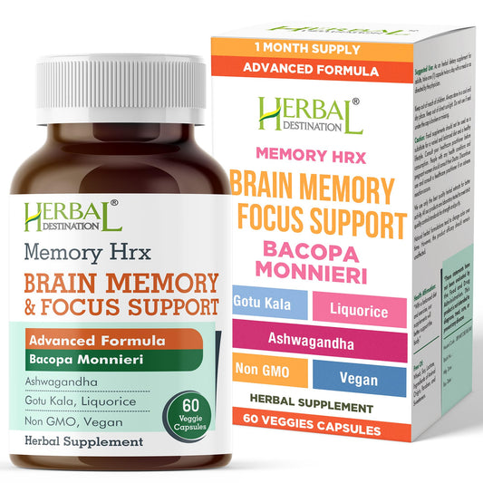 Herbal Destination Memory Hrx bottle with 60 vegetarian capsules on white background