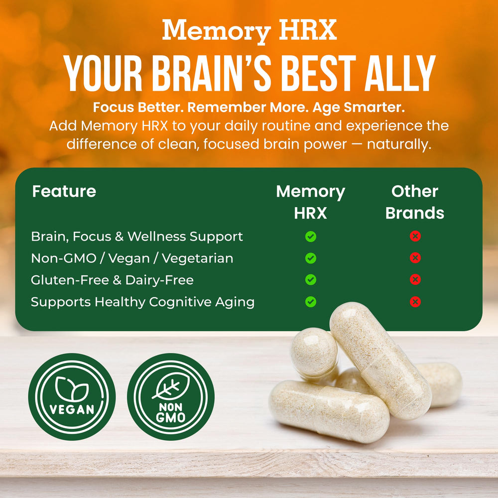 Non-GMO vegan-friendly branding on Memory Hrx packaging