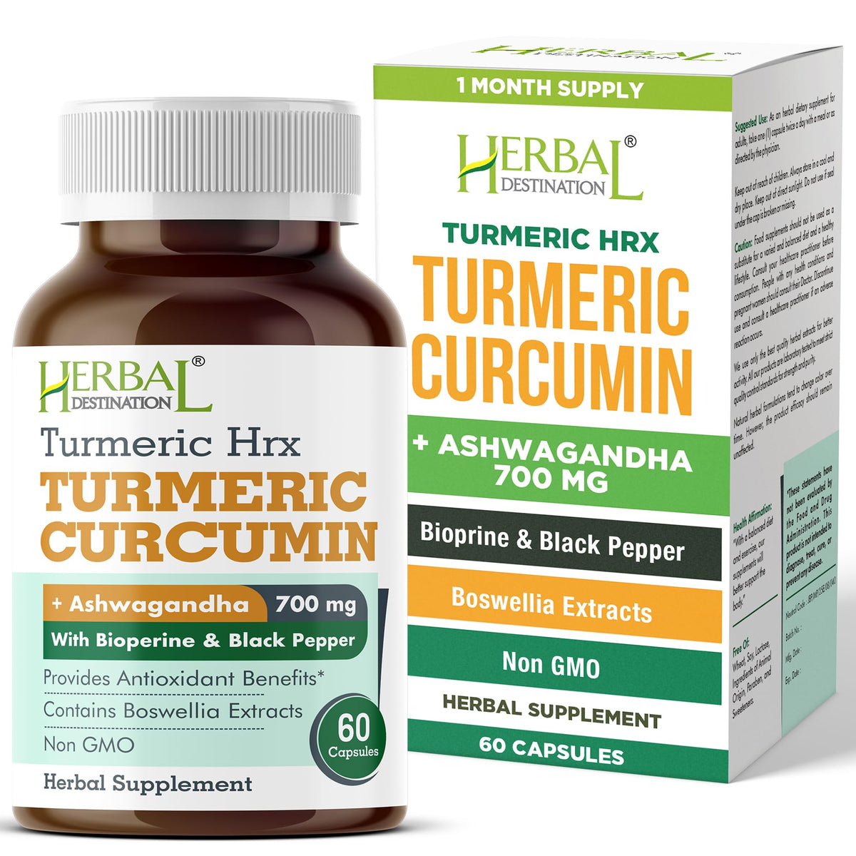 Herbal Destination Turmeric Supplement bottle with 60 capsules