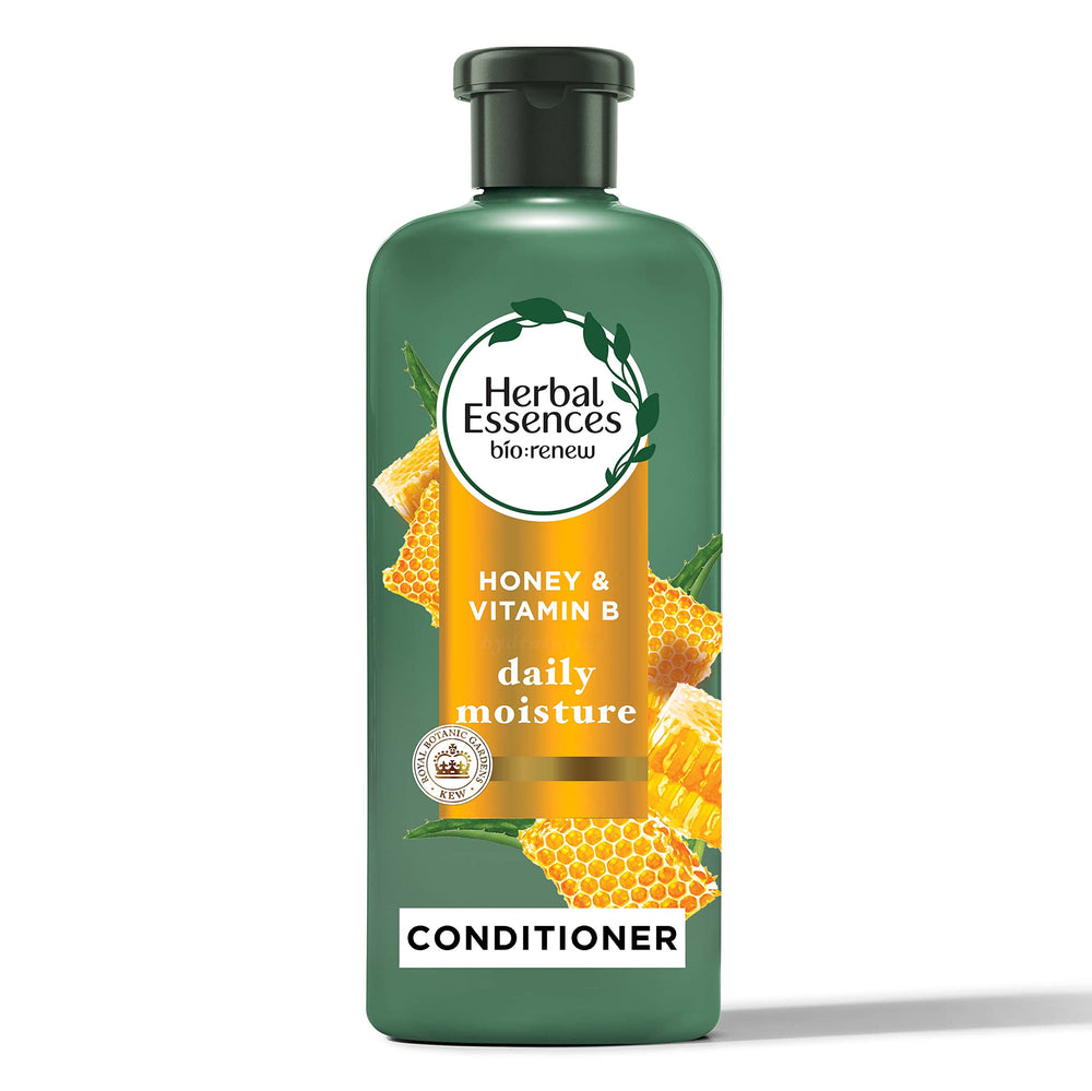 Herbal Essences Bio Renew honey conditioner bottle front with honey scent for color-safe hydration.