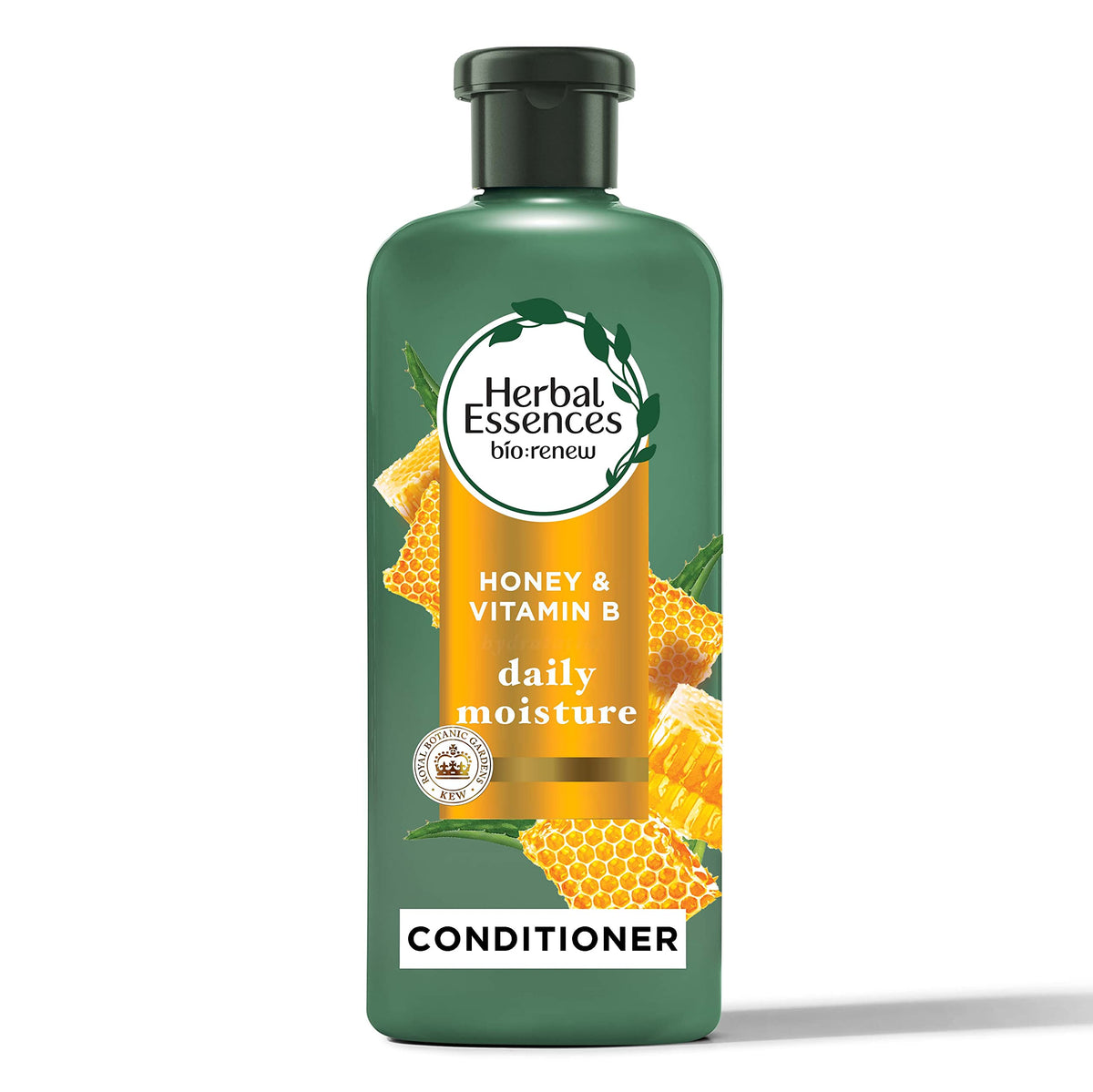 Herbal Essences Bio Renew honey conditioner bottle front with honey scent for color-safe hydration.