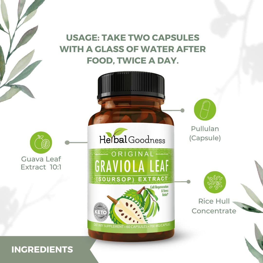 Close-up of Graviola leaf soursop capsule label showing 700mg dosage
