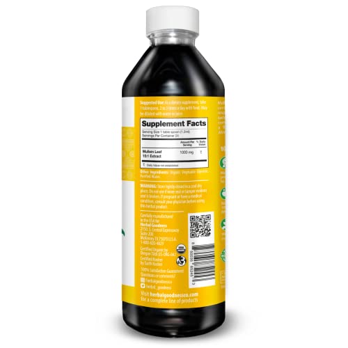 Herbal Goodness Mullein Drops amber bottle highlighting alcohol-free vegan formula