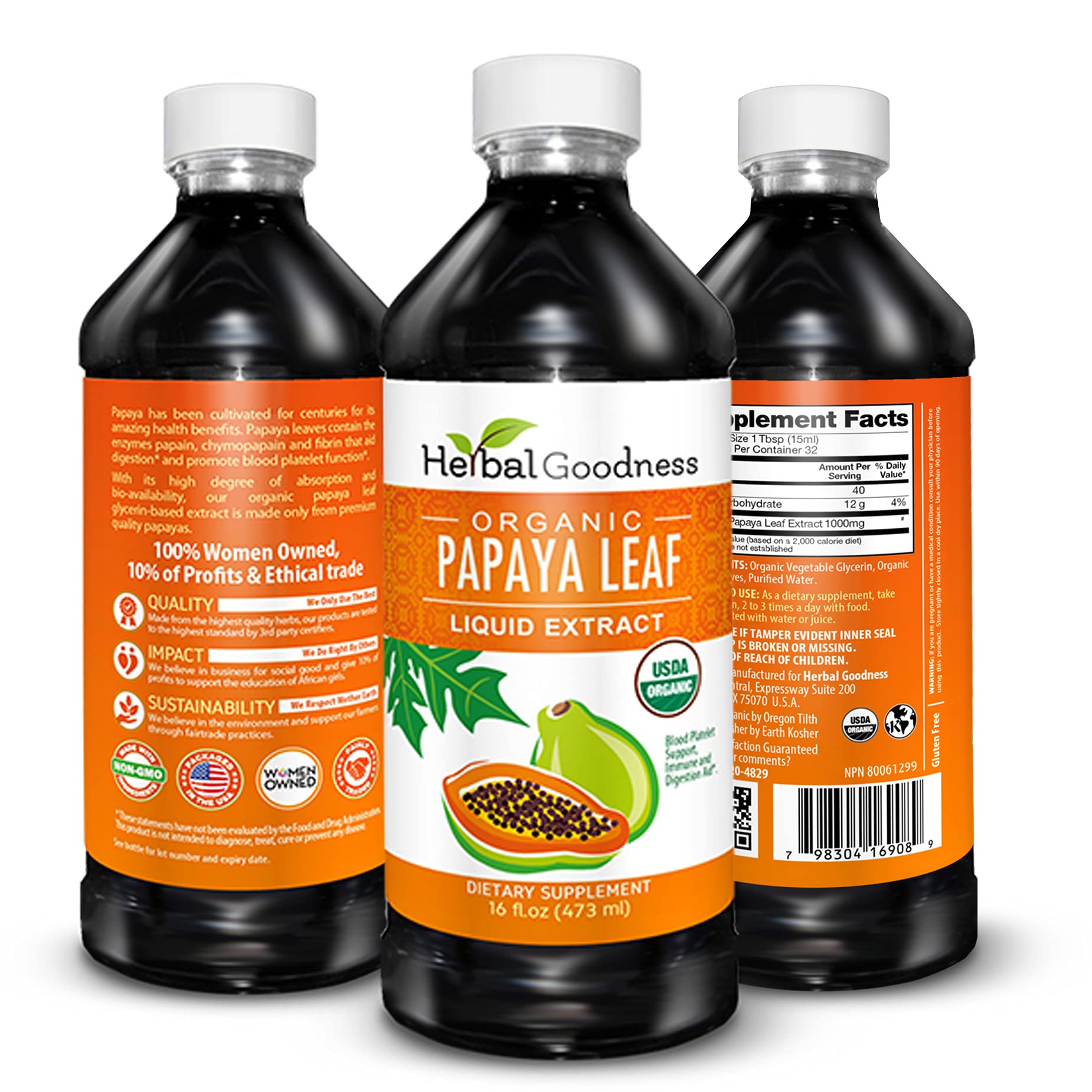 Herbal Goodness Papaya Leaf Extract label closeup highlighting organic, kosher quality.