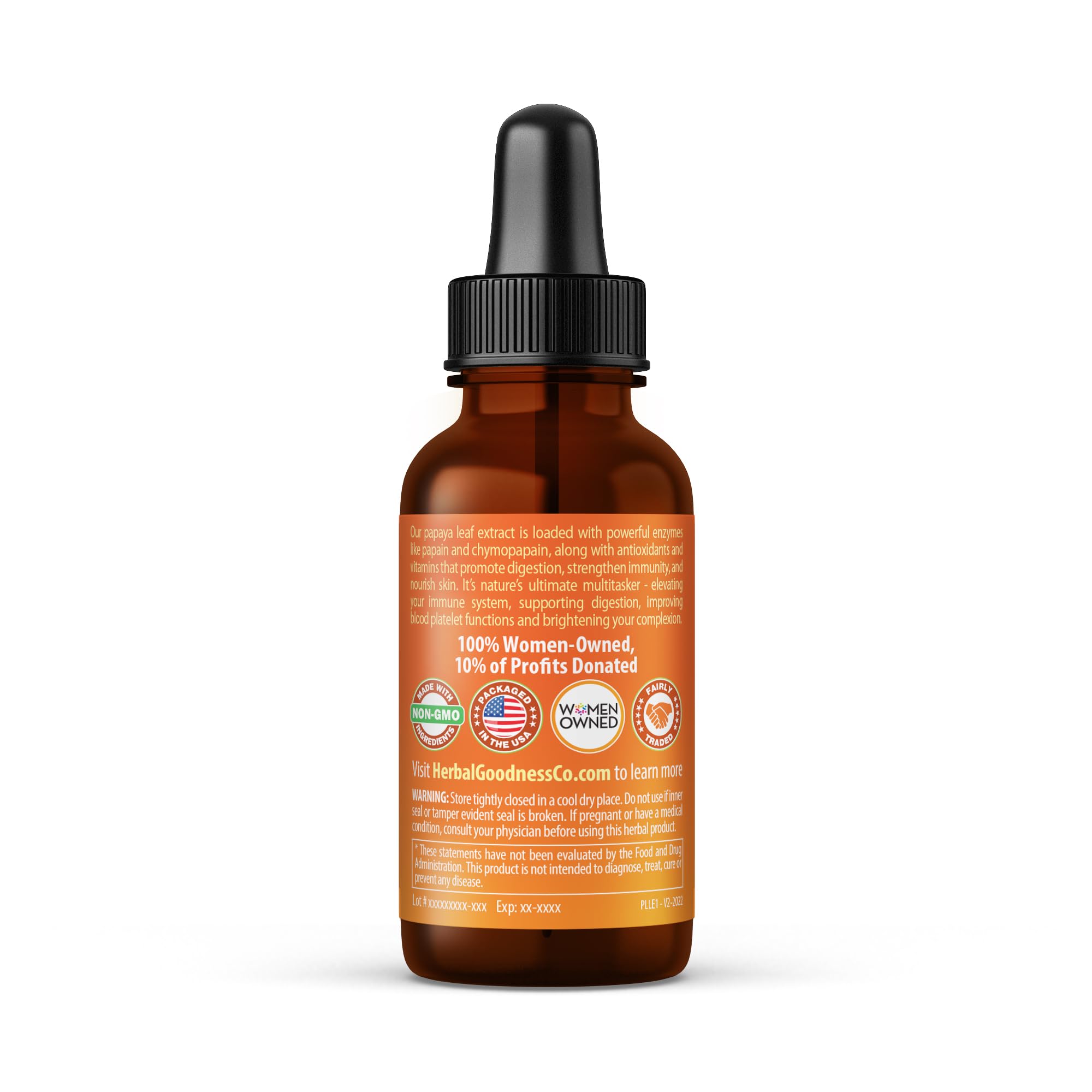 Herbal Goodness Papaya Leaf Extract label closeup with organic certification visuals