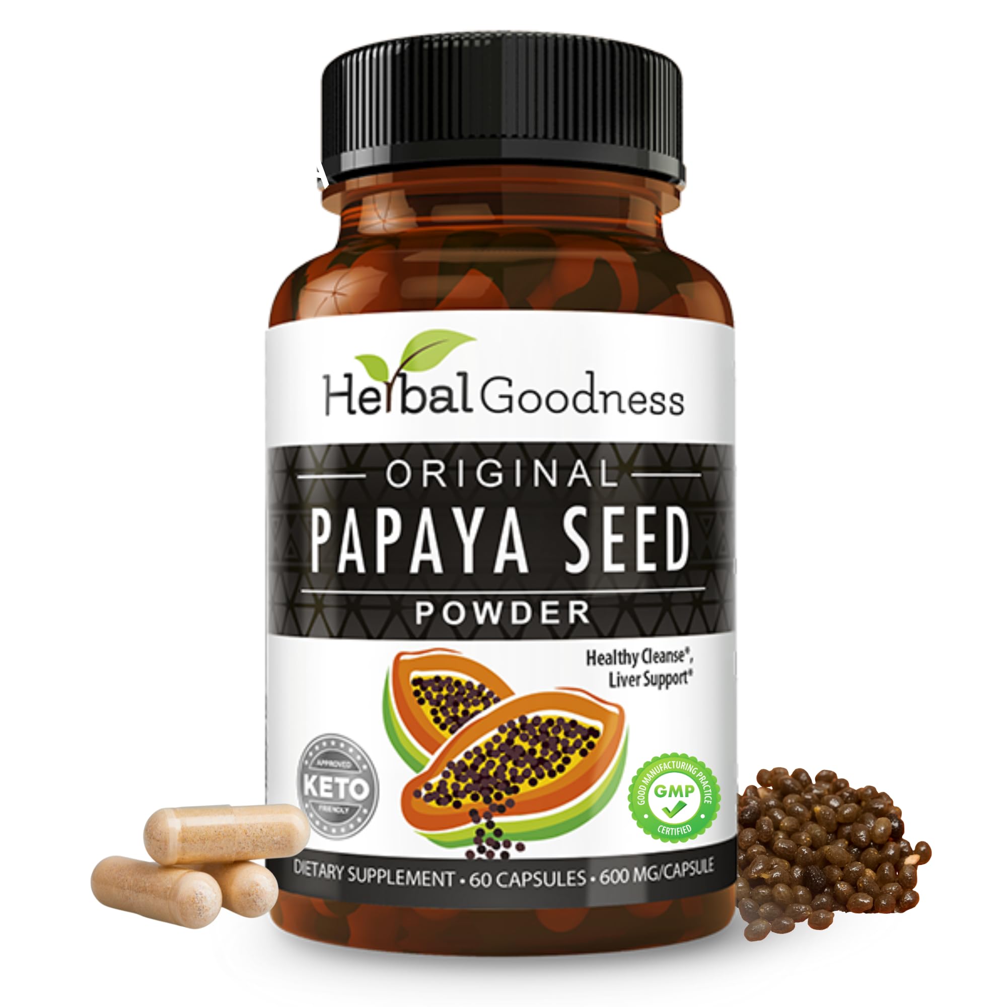 Herbal Goodness Papaya Seeds Capsules bottle showing 600 mg dosage for digestion