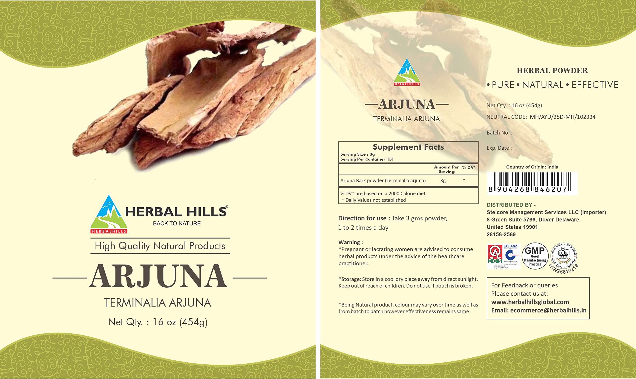Herbal Hills Arjuna Bark Powder label and packaging