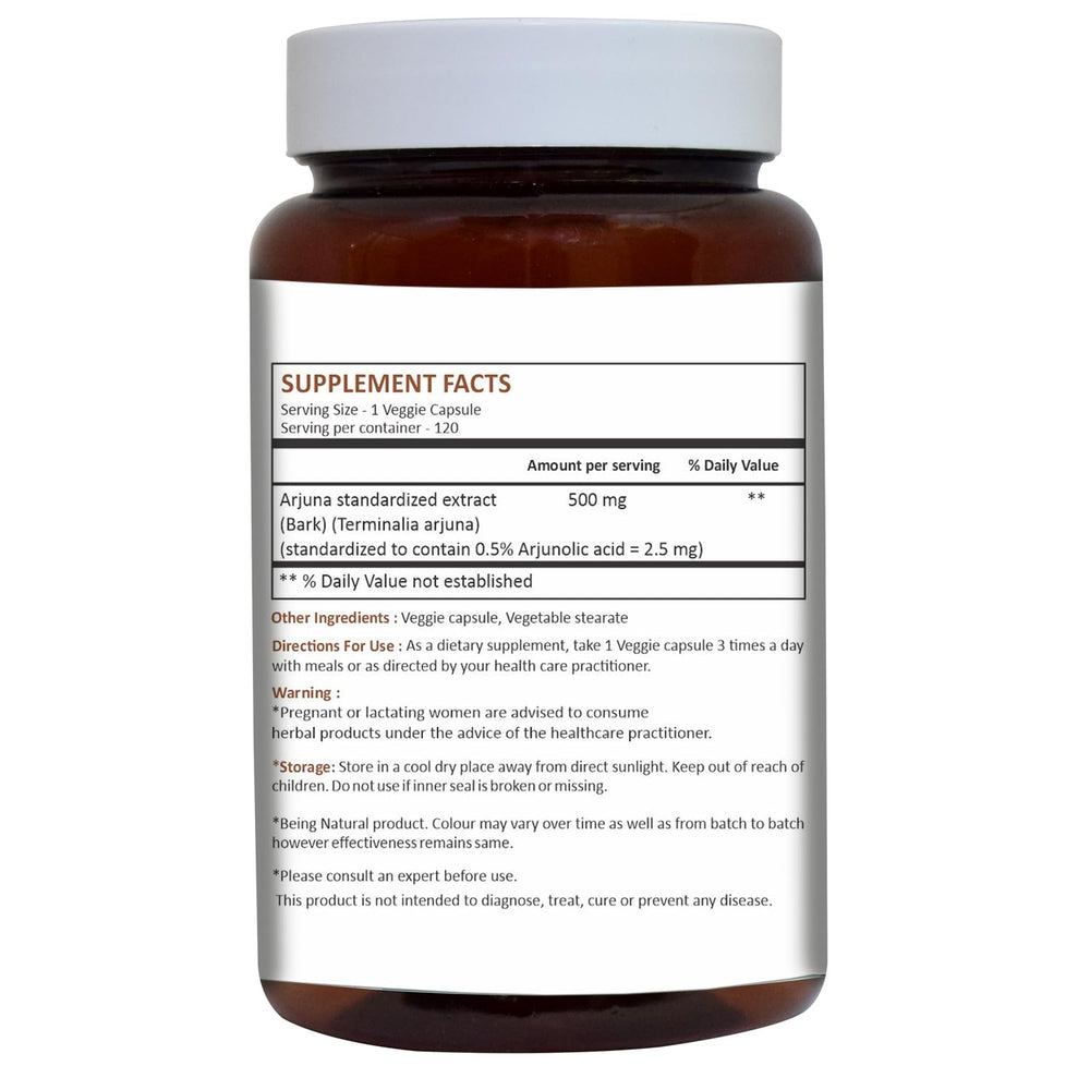 Close-up of Arjuna Capsules bottle showing 500 mg per capsule