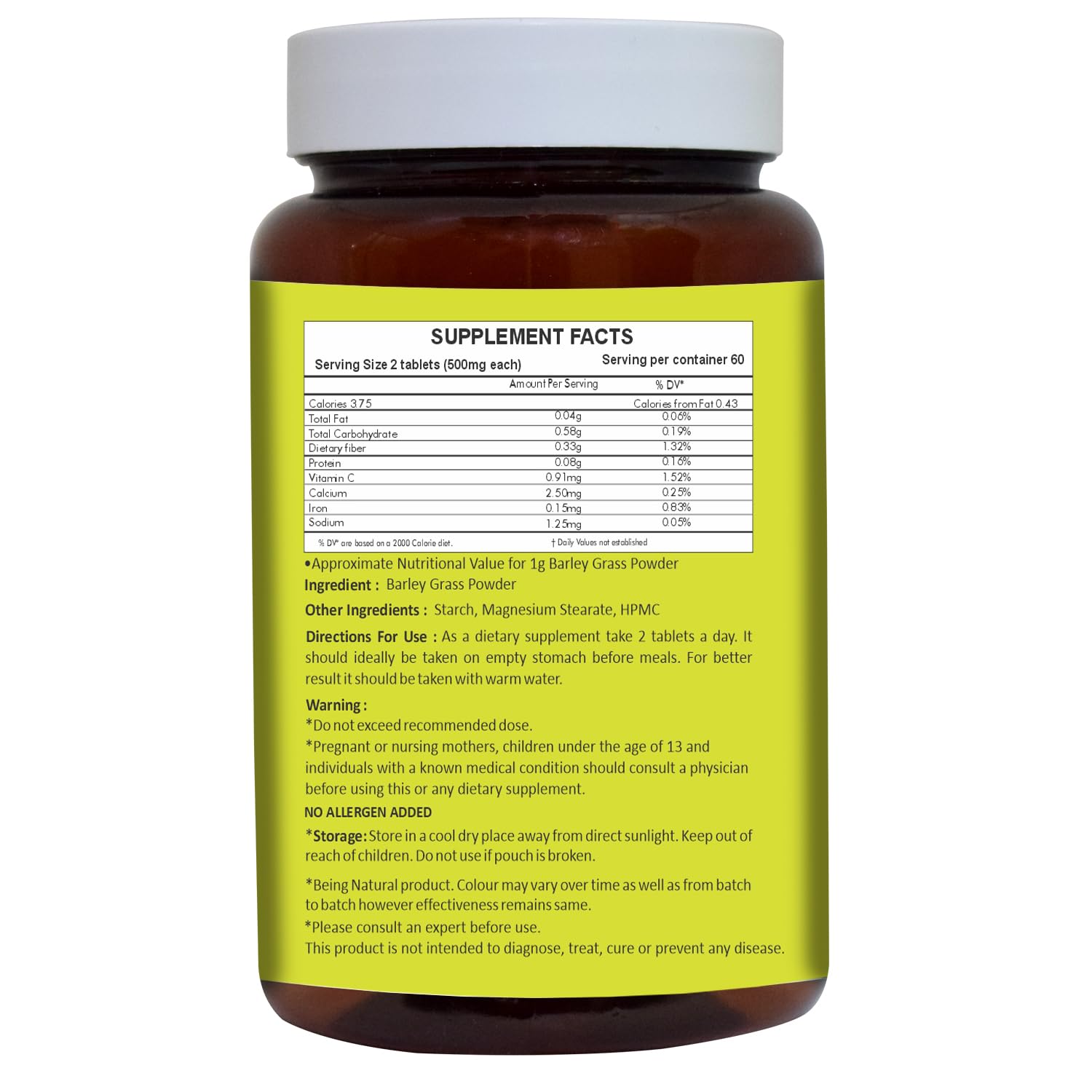 Herbal Hills Barley Grass Tablets 120 Count front label