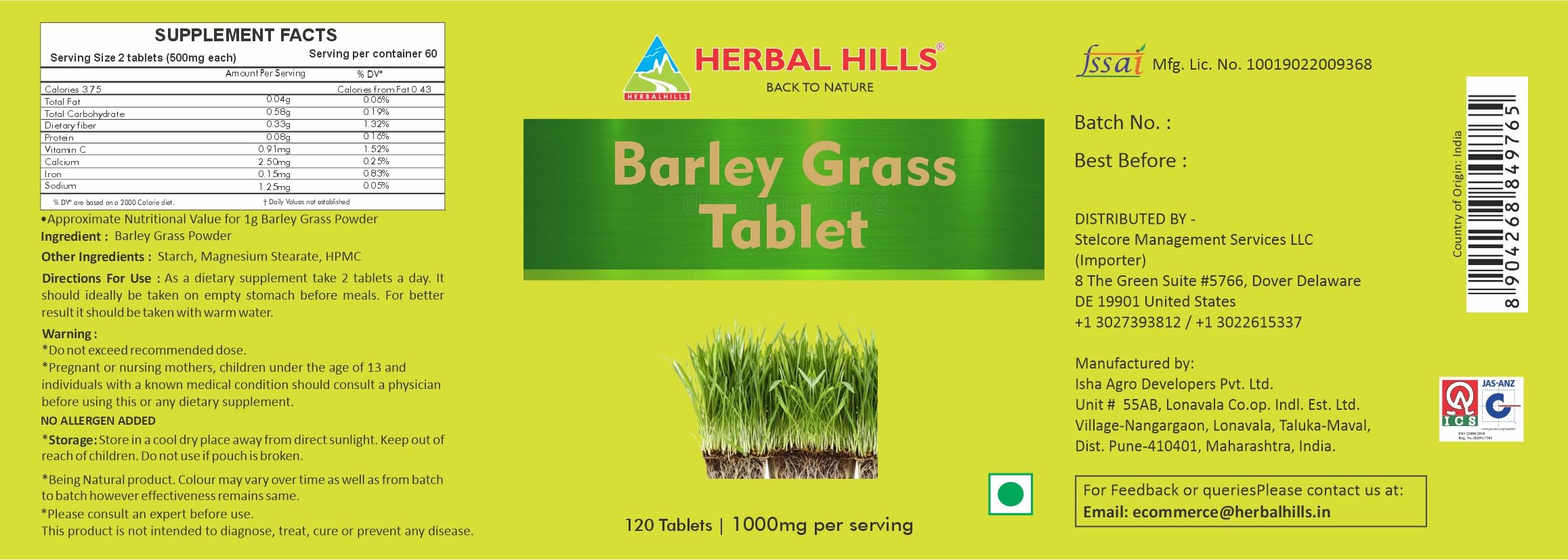 Herbal Hills Barley Grass Tablets 120 Count nutrition label close-up
